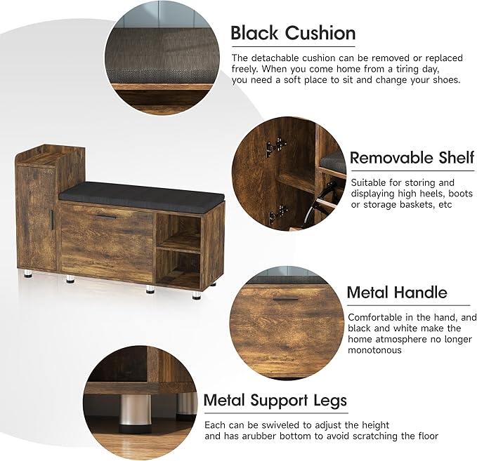 Maupvit Shoe Storage Bench with Flip Drawer Shoe Cabinet, 8 Height Adjustable Metal Feet, Entryway Bench with Removable Seat Cushion, Shoe Bench Rack for Entryway, Rustic Brown