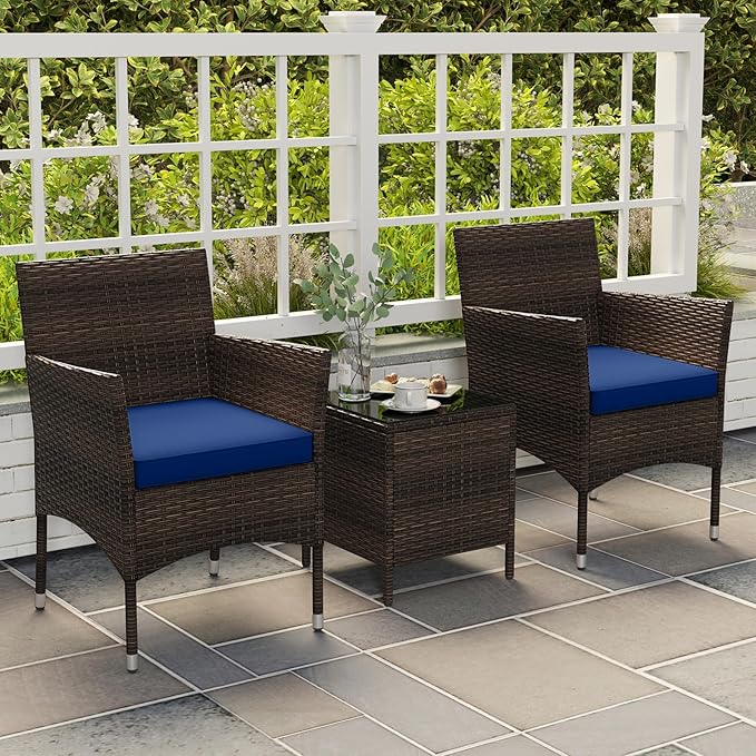 Tangkula 3 Pieces Patio Rattan Furniture Set, Outdoor Conversation Set with PE Wicker Armchairs, Tempered Glass Top Coffee Table, Soft Removable Cushions, for Porch Garden Yard Balcony (Navy)