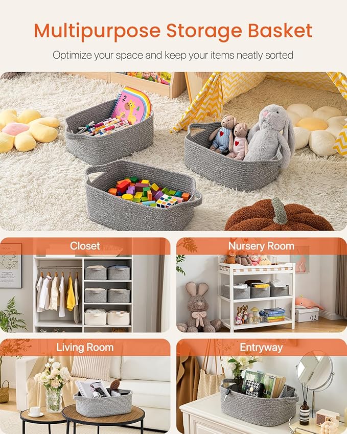 KALLAX Small Woven Basket, 14 x 10 x 5.6 Inches, Small Storage Baskets for Organizing, Gift Baskets Empty, Cute Rope Shelf Closet Storage Bins for Shelves, Dog Toy Basket, Mixed Grey