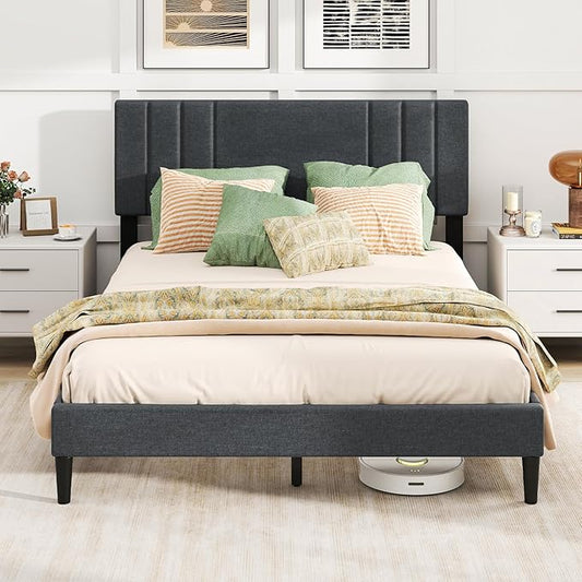 Giantex Queen Platform Bed Frame, Modern Upholstered Bed Frame with Vertical Channel Tufted Headboard, Wooden Slats Support, No Box Spring Needed, Gray