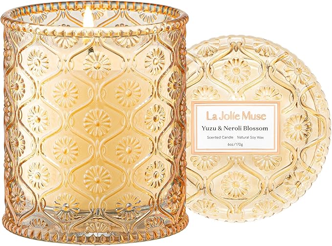 LA JOLIE MUSE Yuzu & Neroli Blossom Scented Candles, Citrus Candles for Home Scented, Natural Soy Wax Candle, Candles Gifts for Women, 6 oz 40 Hours Burn