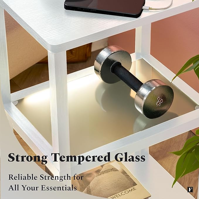FENLO Nightstand with Charging Station, Small End Table with Charging, Side Table with Storage – Minimalist Nightstand for Bedroom or Small Spaces Flare