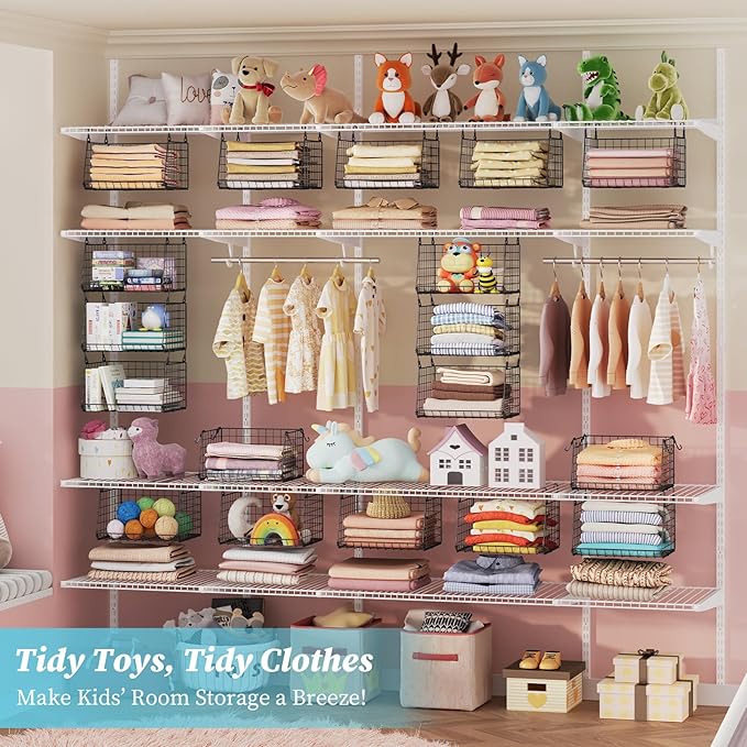 3-Tier Foldable Hanging Closet Organizer with 360° Rotating Hooks–Clothes Hanging Shelves for Small Spaces, Wire Basket Bin Storage for Closet Organizer System, Black