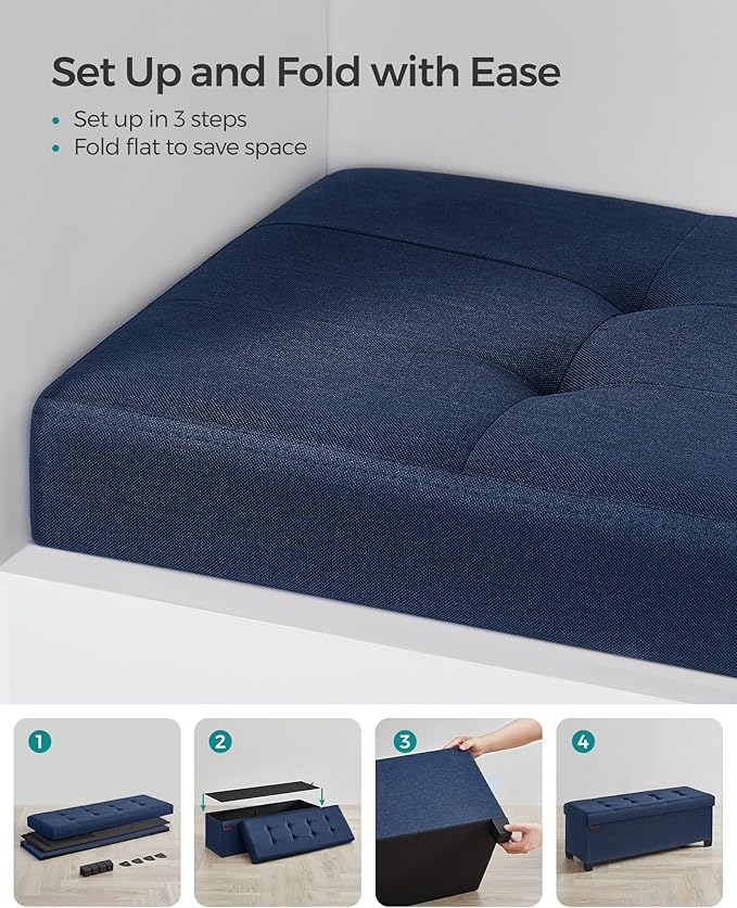 SONGMICS Storage Ottoman Bench, Foldable Foot Rest with Legs, 15 x 43 x 15.7 Inches, End of Bed Bench, Storage Chest, Load up to 660 lb, for Living Room, Bedroom, Entryway, Midnight Blue ULSF018I01