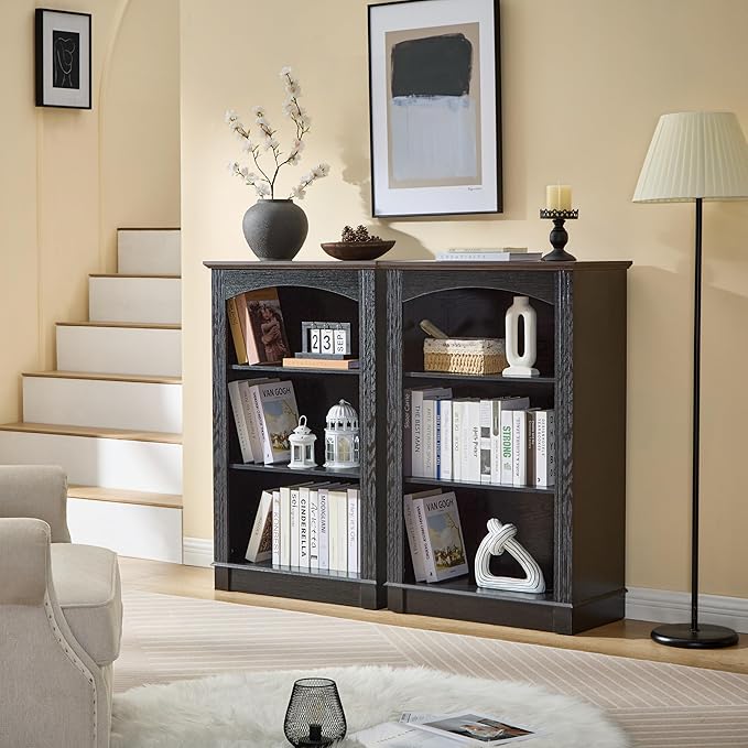 Black Bookshelf, 3 Tier Bookcase and Kids Bookshelf, Small Storage Cabinet with Wooden Cube Storage Organizer, Modern Book Shelf for Bedroom Furniture, Living Room, Office, Toy Organizer Cabinet