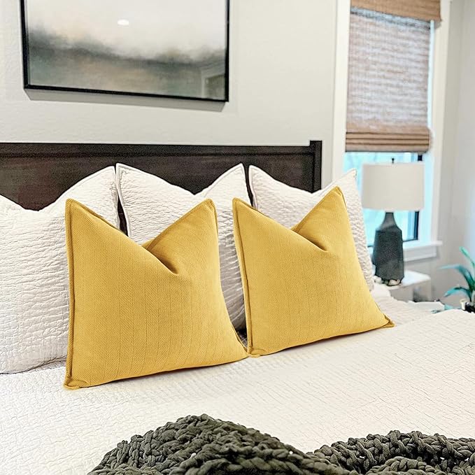 ZWJD Yellow Pillow Covers 16x16 Set of 2 Chenille Throw Pillow Covers with Elegant Design Soft and Luxurious Decorative Throw Pillows for Couch, Bed, and Home Decor