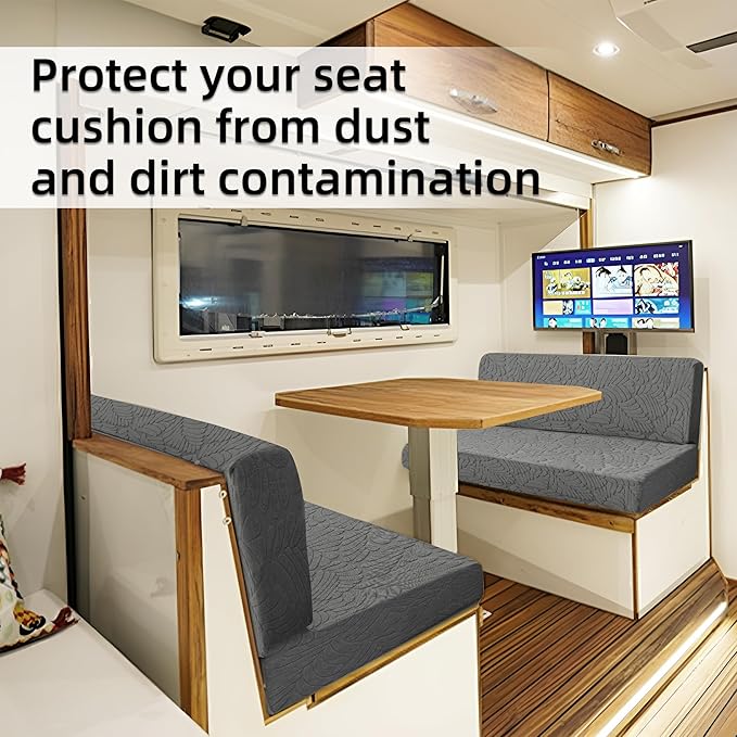 RV Dinette Cushion Covers - Jacquard Stretchable Camper Cushion Set, 2 Backrest & 2 Bench Covers (Leaves, Gray)