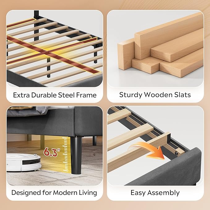 WLIVE Full Size Upholstered Bed Frame, Velvet Square Tufted Headboard,Sturdy Metal & Wooden Slats Support, No Box Spring Needed, Light Grey