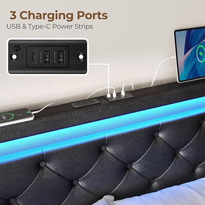 Rolanstar Full Size Bed Frame with LED Lights and USB Ports, Upholstered PU Leather Bed with Adjustable Headboard and 4 Storage Drawers, No Box Spring Needed, Easy Assembly, Black