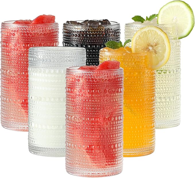 AkutaaVintage Hobnail Drinking Glasses Set of 6, 16 oz Large Capacity Embossed ClearTumblers, Highball Glasses for Water, Cocktail, Beer, Whiskey, Kitchen & Bar Use