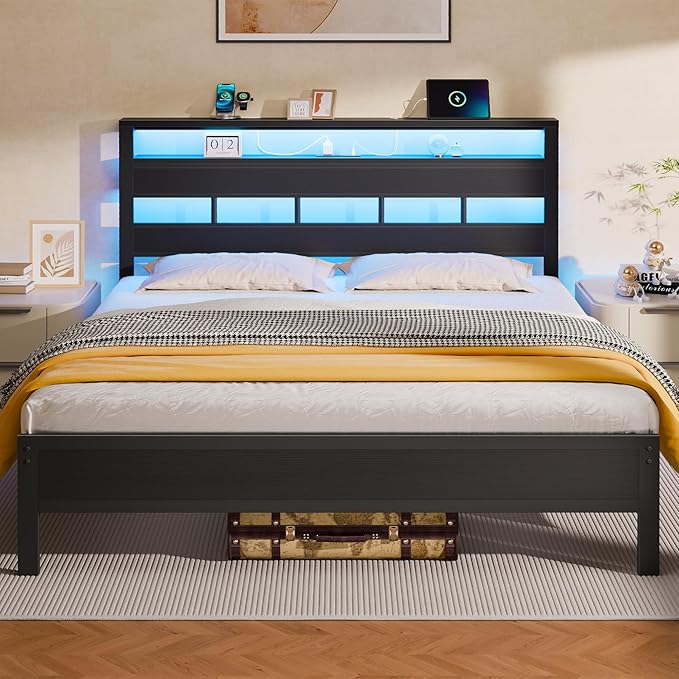 Furnulem Queen Bed Frame with Storage Headboard and LED Lights, Metal Bedframe with Charging Station and USB Port, Queen Size Platform Bed with Heavy Duty Slats, No Box Spring Needed, Black Oak