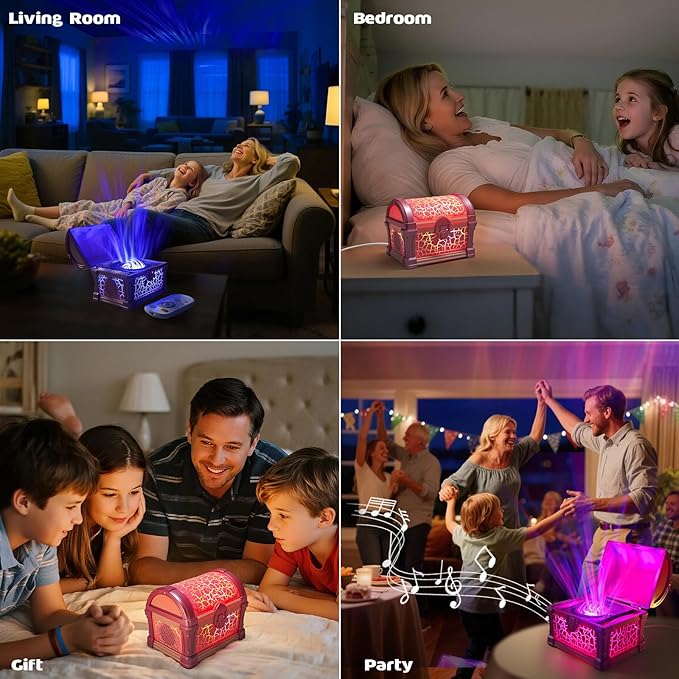 Treasure Chest Galaxy Projector with Bluetooth Speaker for Kids Room Decor, Nebula Aurora Galaxy Night Light Projector Ceiling Projection Nightlight with 8 White Noises, Timing for Bedroom, Kids Room