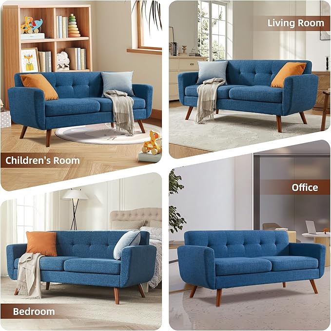Tbfit 65" W Loveseat Sofa, Mid Century Modern Decor Love Seat Sofas and Couches for Living Room, Button Tufted Upholstered Small Couch for Bedroom, Solid and Easy to Install Love Seats Furniture, Blue