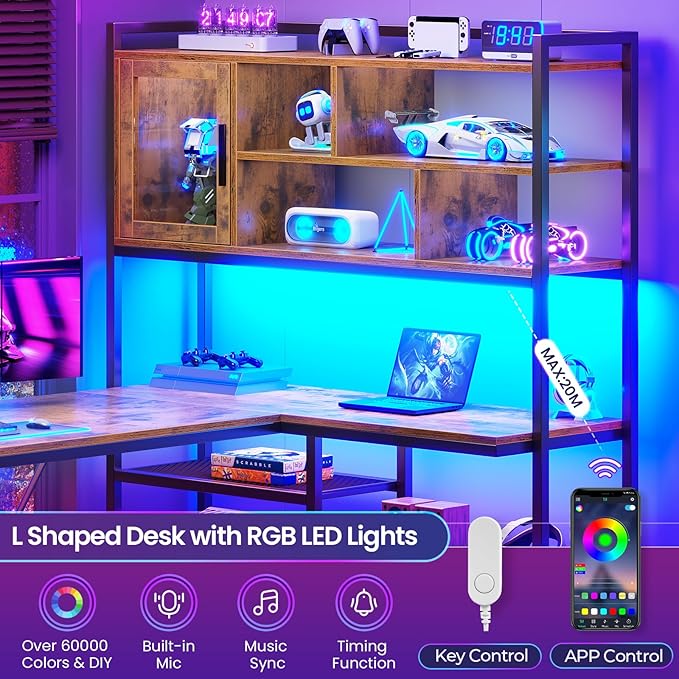 SEDETA L Shaped Computer Desk, 58'' Office Desk with LED Light and Bookshelf, L Shaped Corner Desk with Storage Shelves for Home Office, Gaming Desk, L Desk, Rustic Brown