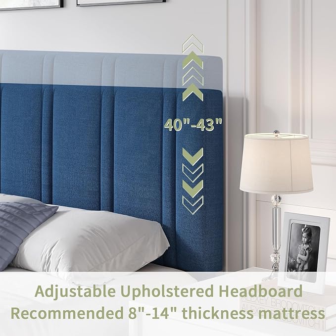 Queen Size Bed with Headboard and Storage, Queen Upholstered Platform Beds with Wooden Slats Support, Fabric Bed Frame, No Box Spring Required, Easy Assembly, Blue