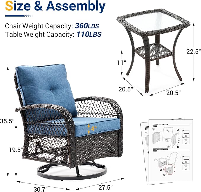 UDPATIO Patio Furniture Set 360 Swivel Chair 3 Piece Patio Set Wicker Outdoor Chair with Coffee Table for Yard, Bistro, Balcony, Blue