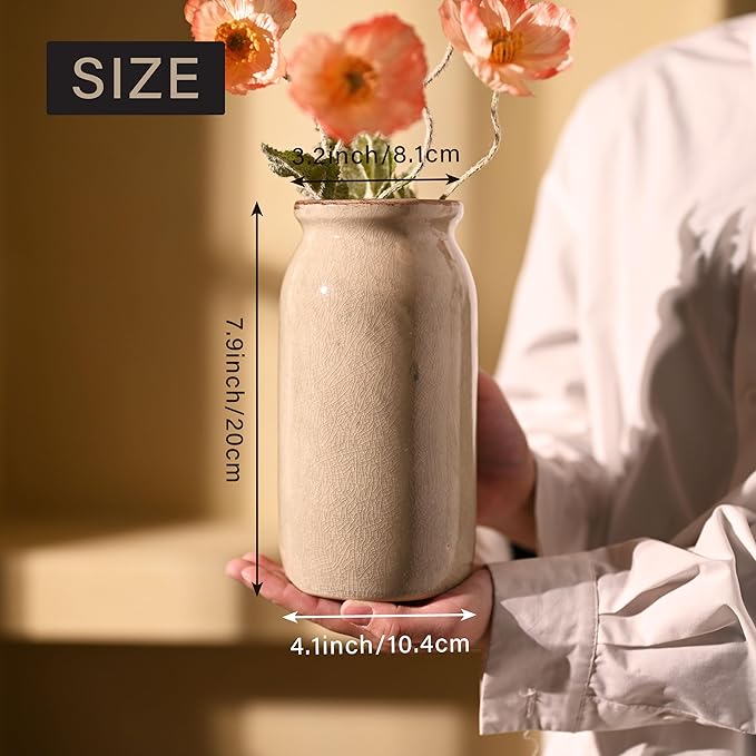 VICTOR & TERESA Rustic Green Vase for Home Decor, Ceramic Vases for Flowers, Modern Farmhouse Decorative Vases for Pampas Grass,Table Accent, Mantel, Living Room,Bookshelf, Centerpieces, 8''