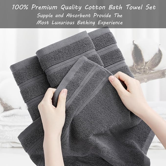 8-Piece Bath Towels Set, 100% Cotton Thick Soft Highly Absorbent Durable, Quick Dry, Bathroom Towels Set (2 Bath Towels, 2 Hand Towels, 4 Washcloths) - Perfect for Daily Use
