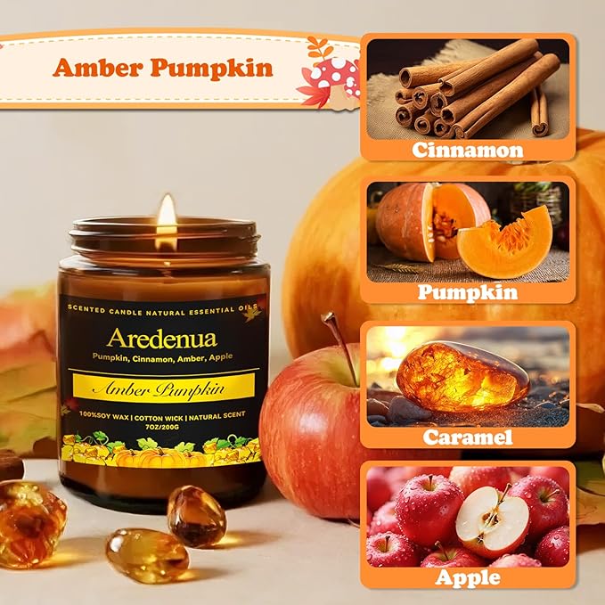 Fall Candle - Amber Pumpkin Candle | Autumn Scented Candles for Home, 7oz Pumpkin Soy Candles for Home Scented, 50 Hours Burn Time, Harvest Holiday/Halloween/Thanksgiving Fall Gifts for Women Men