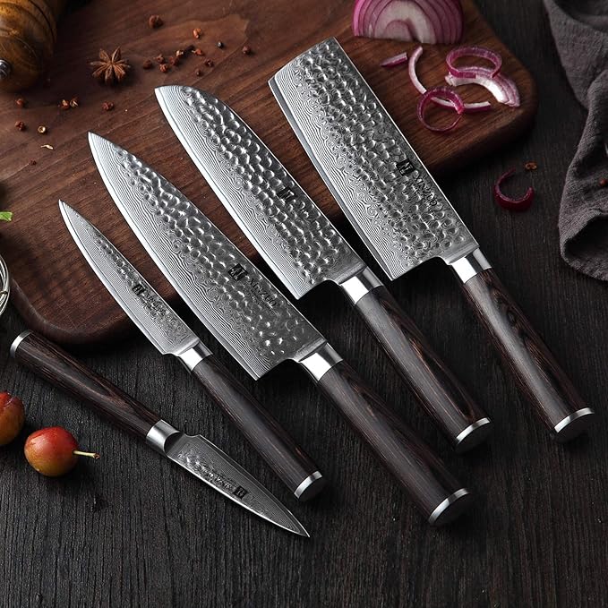 XINZUO 7-Piece Knife Block Set, Super Damascus Steel Kitchen Knife Set with Block,Professional Knife Set for Chefs&Home Cooking,Pakkawood Handle,Chef Gift Box-He Series
