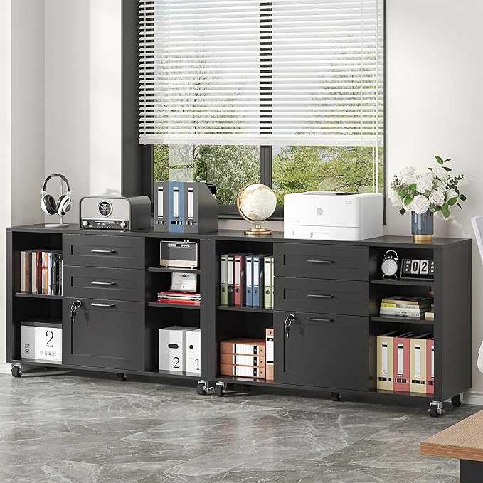 Semoic 3 Drawer Wood Lateral File Cabinet with Lock, Rolling Mobile Filing Cabinet with Open Storage Shelves, Printer Stand Office Storage Cabinet for Home Office Fits Files Legal/A4 Size, Black