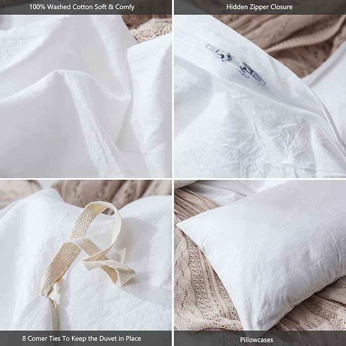 MooMee Bedding Duvet Cover Set 100% Washed Cotton Linen Like Textured Breathable Durable Soft Comfy (Solid Off White, Super King 108"x98")