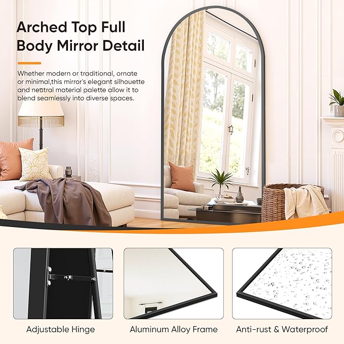 Suidia Full Length Mirror, 71"x28" Floor Standing Mirror Freestanding, Full Body Mirrors with Stand for Bedroom, Hanging Mounted for Living Room Cloakroom, Black, Arched Style