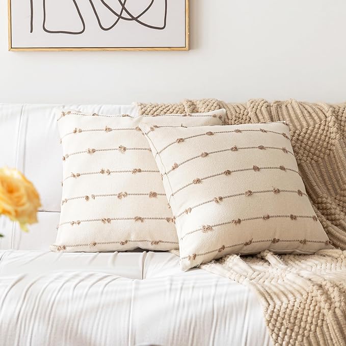 Boho Throw Pillow Covers 22x22 Set of 2 Modern Farmhouse Decorative Cushion Case Tufted Square Pillows Cover Neutral Pillow Cases Accent Pillowcase for Sofa,Couch,Bed,Beige and Khaki