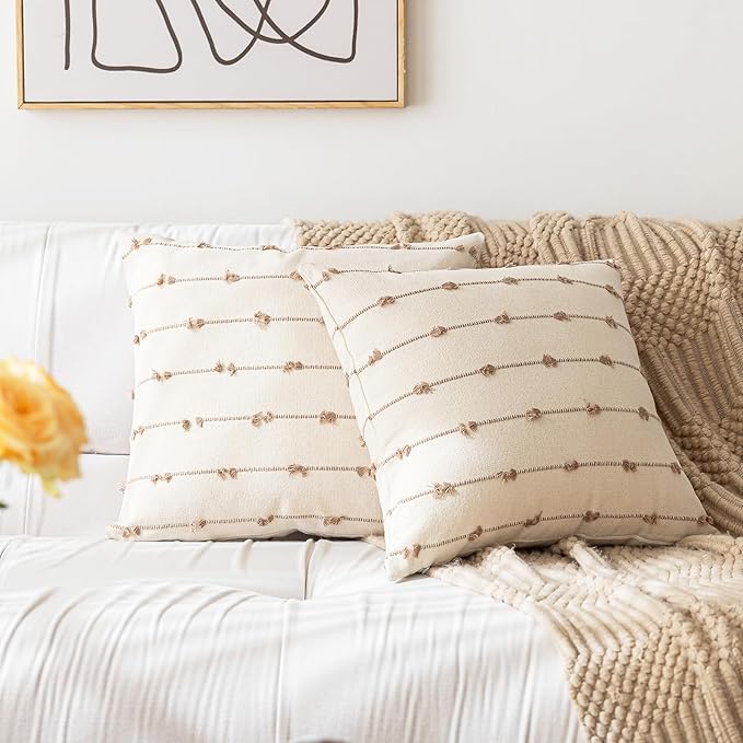 Boho Throw Pillow Covers 24x24 Set of 2 Modern Farmhouse Decorative Cushion Case Tufted Square Pillows Cover Neutral Pillow Cases Accent Pillowcase for Sofa,Couch,Bed,Beige and Khaki