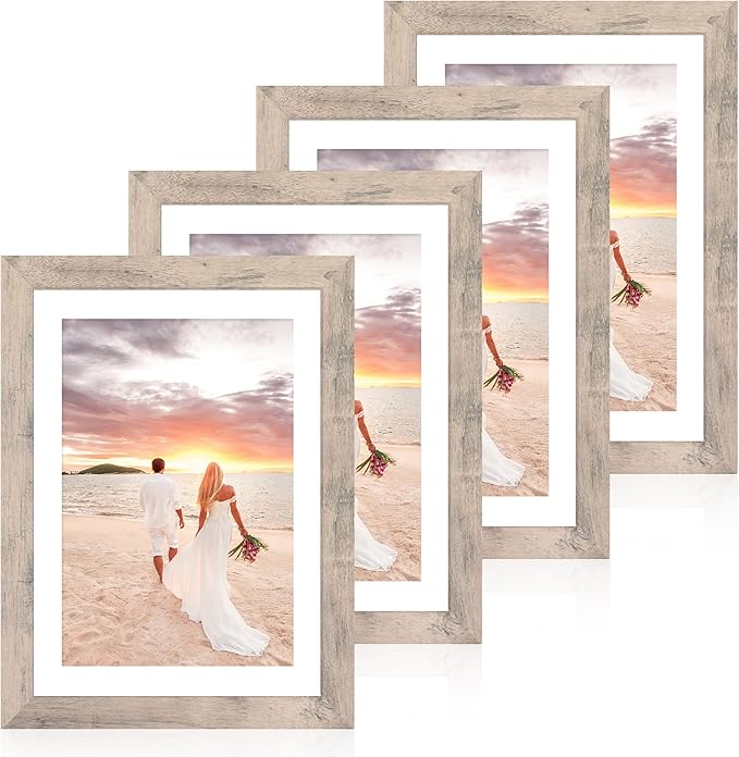 10x14 Picture Frame Set of 4 with Tempered Glass, Smoke Gray Frame Display 8x12 Picture with Mat or 10 x 14 Without Mat, Wood Rustic Photo Frames for Horizontal or Vertical Wall Mounting