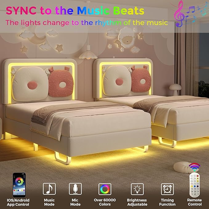 Twin Size Upholstered Bed Frame with LED Lights, Girls Bed with Adjustable Chic Double Headboard, Boucle Princess Platform Bed for Kids/Girls, Solid Wood Slats Support, No Box Spring Needed, Beige