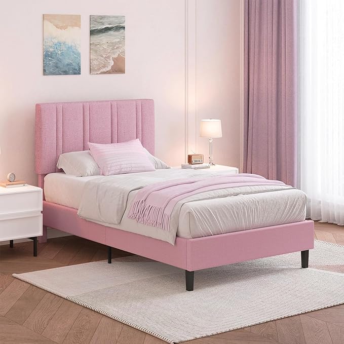 Twin Bed Frames with Tufted Headboard, Upholstered Platform Bed with Wooden Slats Support, Princess Bed Frame for Girls, Easy Assembly, No Box Spring Required, Pink