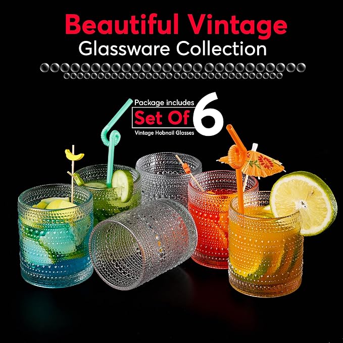 Hobnail Drinking Glasses, Vintage Glassware Set of 6, Vintage Drinking Glasses 11.75 oz, Bubble Glasses Drinking, Hobnail Glasses, Vintage Glass Cups, Jupiter Glasses for Juice, Soda, Beer, Whisky