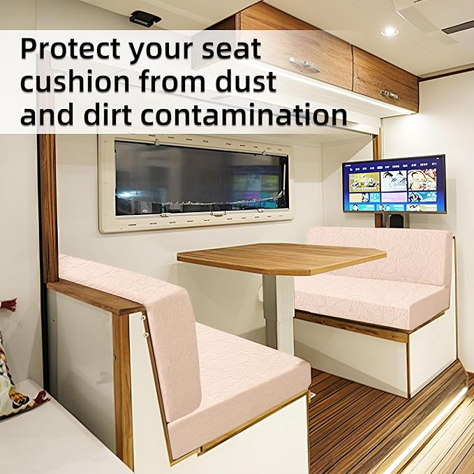 Jacquard Stretchable Dinette Cushion Covers - RV Camper Couch Replacement, 2 Backrest & 2 Bench Covers (Leaves, Beige)