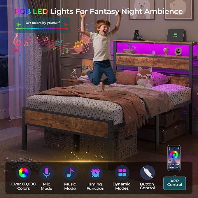 Hasuit Twin Bed Frame with Headboard LED Lights, Twin Size Bed with Charging Station 2-Tier Storage Shelves, Metal Platform Bed with Heavy Duty Slat, Fast Assembly, No Box Spring Needed, Noise Free