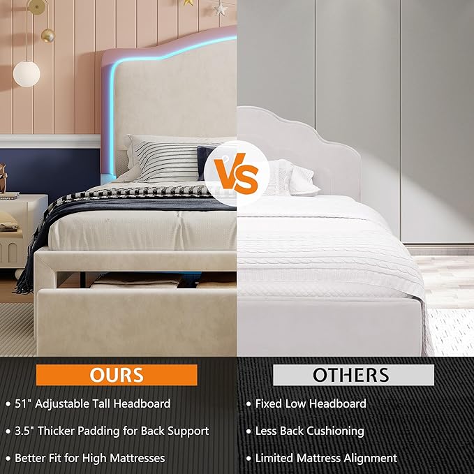 Jocisland Twin Bed Frame with 51" Tall & Thick Adjustable Headboard, Storage Drawer, RGB LED Lights, No Box Spring Needed, Velvet Upholstered, Cream