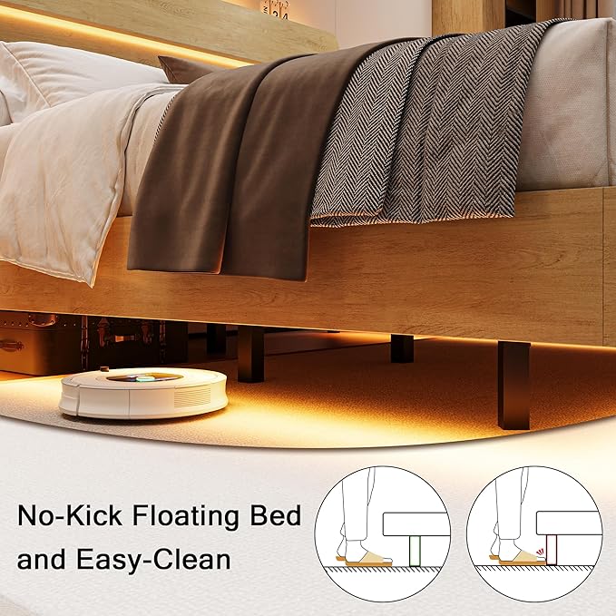 Floating Bed Frame Full Size with Charging Station & Led, Metal Platform Bed Base with Storage Headboard, Heavy Slats Support, No Box Spring Needed, Noise Free, Remote Control, Oak