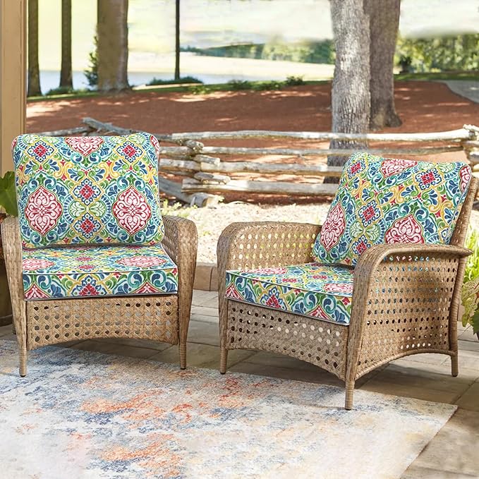 Outdoor Deep Seat Cushions Set 24 x 24 Inch for Patio Furniture,Water Resistant Chair Cushions Replacement Includes Seat Cushion & Back Pillow for Couch Sofa, Wicker Chair - Damask Red