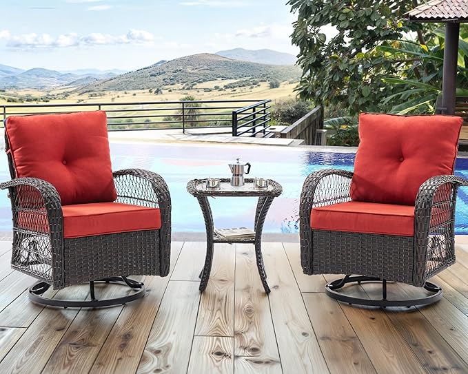 UDPATIO 3 Pieces Patio Furniture Set, Outdoor Swivel Rocker Patio Chairs Set of 2, All-Weather PE Wicker Glider Chairs with Thick Cushions and Glass Coffee Table,for Porch Deck Backyard Red