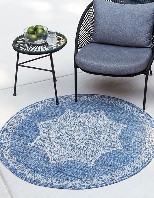Unique Loom Outdoor Traditional Collection Area Rug - Antique (5' 3" Round Blue/Ivory)