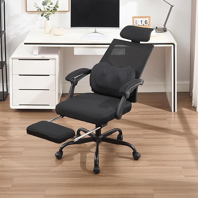 Qulomvs Ergonomic Office Chair with Massage&Heated Lumbar Support, Kneading Massage Office Chair with Foot Rest, Reclining Home Office Desk Chair 90-135 Adjustable Mesh Computer Desk Chair with Wheels