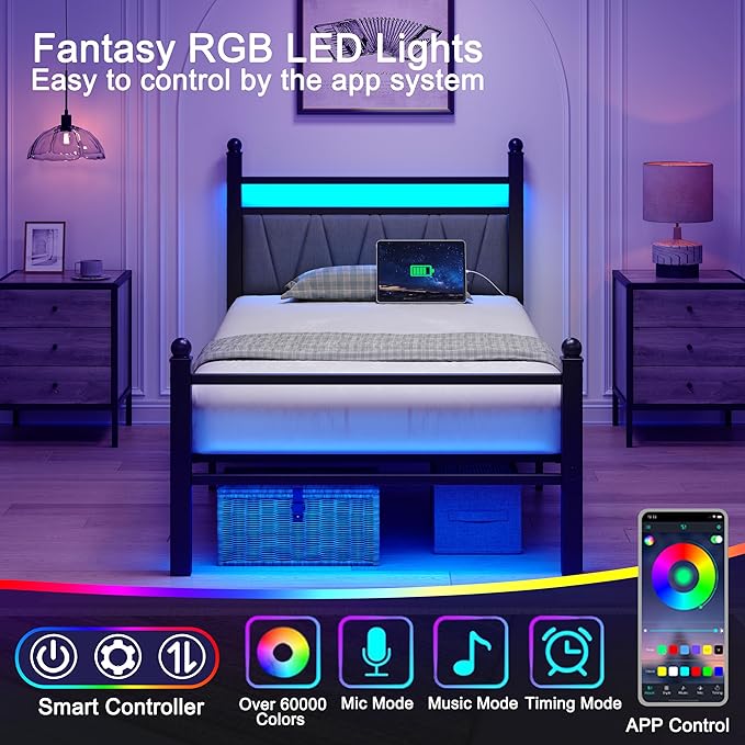 Full Bed Frame with Smart LED Lights, Storage Headboard and USB Charging Station,Heavy Duty Wooden Slats, No Box Spring Needed, Noise Free, Easy Assembly (Modern Black, Twin)
