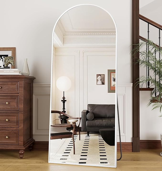 OGCAU Arched Full Length Mirror, 70"x26" Floor Body Mirror with Stand, Wall Mounted Hanging, Standing or Leaning with Aluminum Frame for Bedroom Living Room (White)