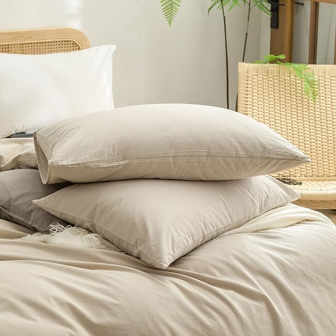 BESTOUCH Duvet Cover Set 100% Washed Cotton Linen Feel Super Soft Comfortable Chic Lightweight 3 PCs Home Bedding Set Solid Almond Milk Grey Cal King