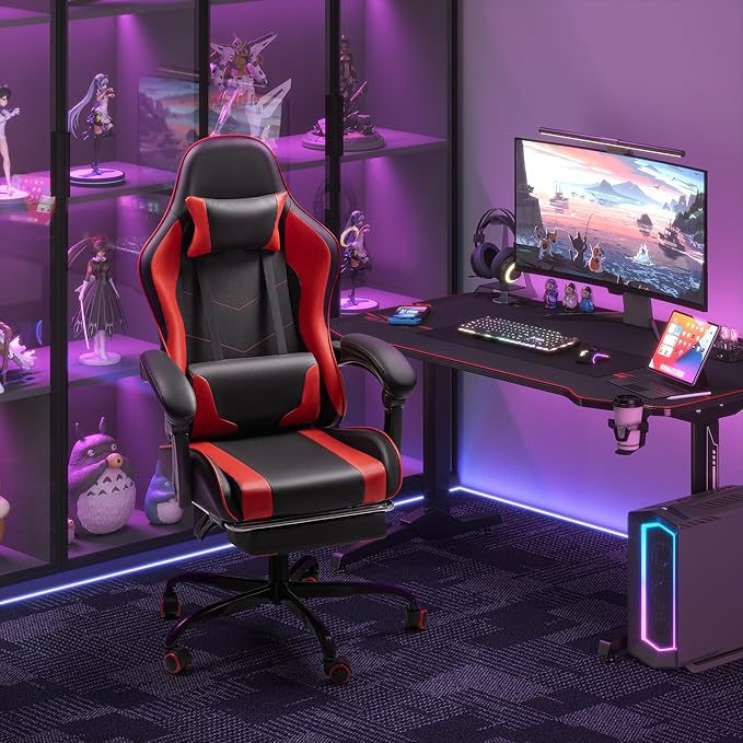 Homall Gaming Chair, Video Game Chair with Footrest and Massage Lumbar Support, Ergonomic Computer Chair Height Adjustable with Swivel Seat and Headrest (Red)