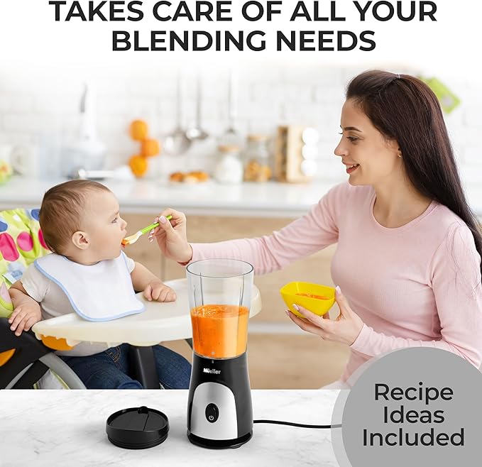 Mueller Smoothie Blender for Smoothies - Personal Blender for Shakes, Frozen Drinks, Baby Food & More, 15oz Travel Cup and Lid, Durable Stainless Steel Blades for Powerful Blending Performance, Black