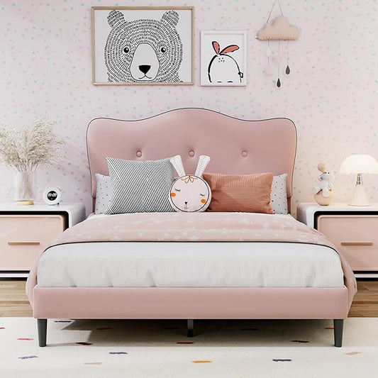 Twin Size Bed Frame, Upholstered Bed Frame with Headboard, Platform Bed Frame with Wood Slats Support, No Box Spring Needed, Adjustable Height Headboard, Pink