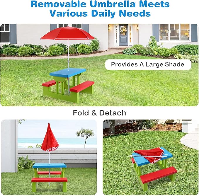 Kids Picnic Table, Toddler Picnic Table with Removable & Foldable Umbrella, Plastic Children Patio Furniture for Garden Backyard, Kids Outdoor Table, Red, Blue & Green