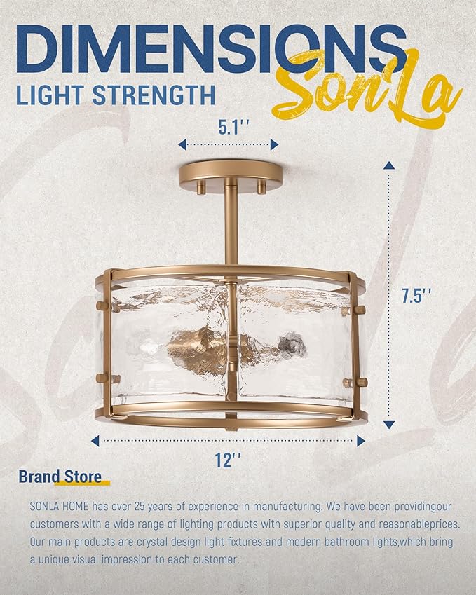 Gold Close to Ceiling Light - Semi Flush Mount Light Fixtures - 14inch Ceiling Light with Glass - E12 Brass Ceiling Light Fixture for Hallway Bedroom LivingRoom C2118-GD