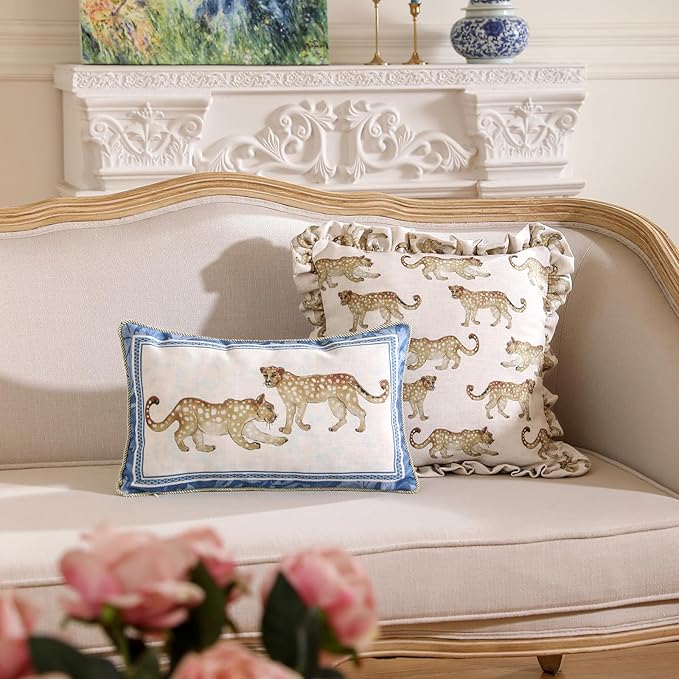 patdrea Designer Throw Pillow Covers for Couch 18"x18",Vintage Linen Pillows Cover with Cheetah Pattern and Luxury Ruffle,Farmhouse Decorative Pillowcases for Bed Living Room Outdoor Set of 2